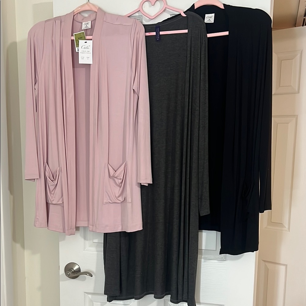 Set of Three Open Front Cardigans in Pink, Gray, and Black